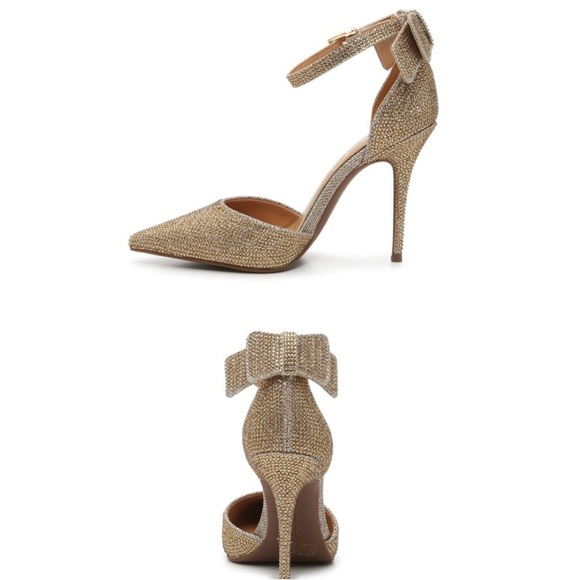 - Jessica Simpson Gold Rhinestone “Whispie” Pointed Toe Ankle Strap Heels 7 - Picture 1 of 15